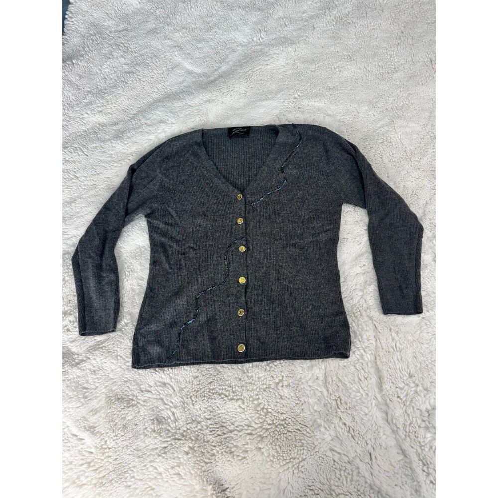 Vintage Made in Italy Cardigan Gray Button Front Fitted Knit Gold Buttons S/M